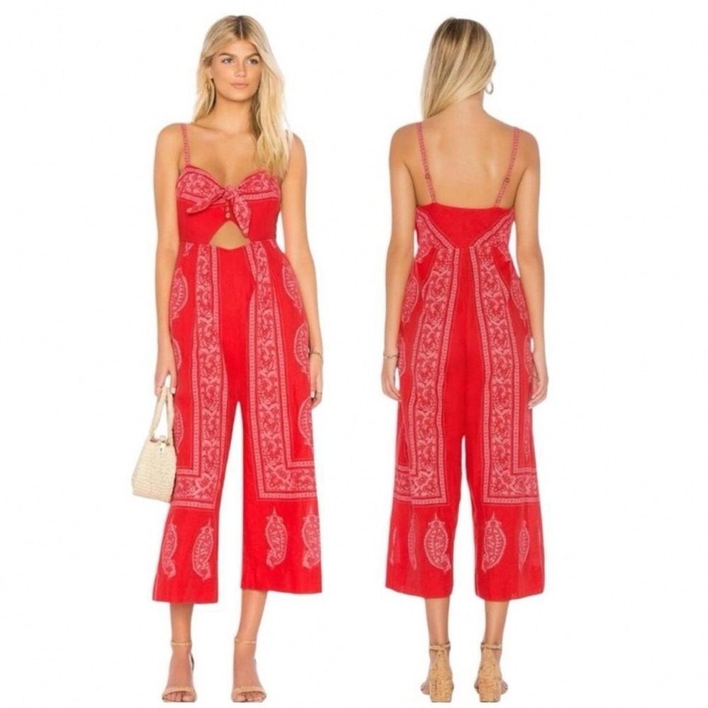Free People Feel The Sun Boho Floral Jumpsuit Womens 4 Red Paisley Good
